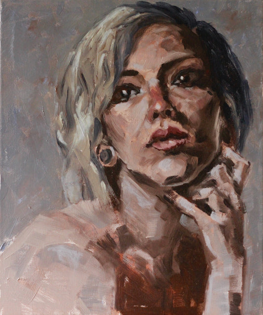 Blue mood oil painting is a figurative artwork depicting a woman portrait with prédominent blue colors. Painting by Blanka Adamus 