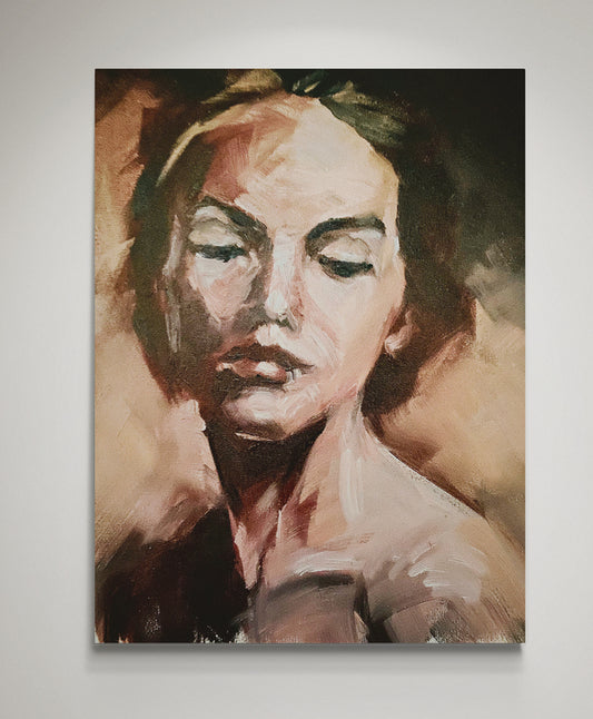 Oil painting depicting woman with closed ayes