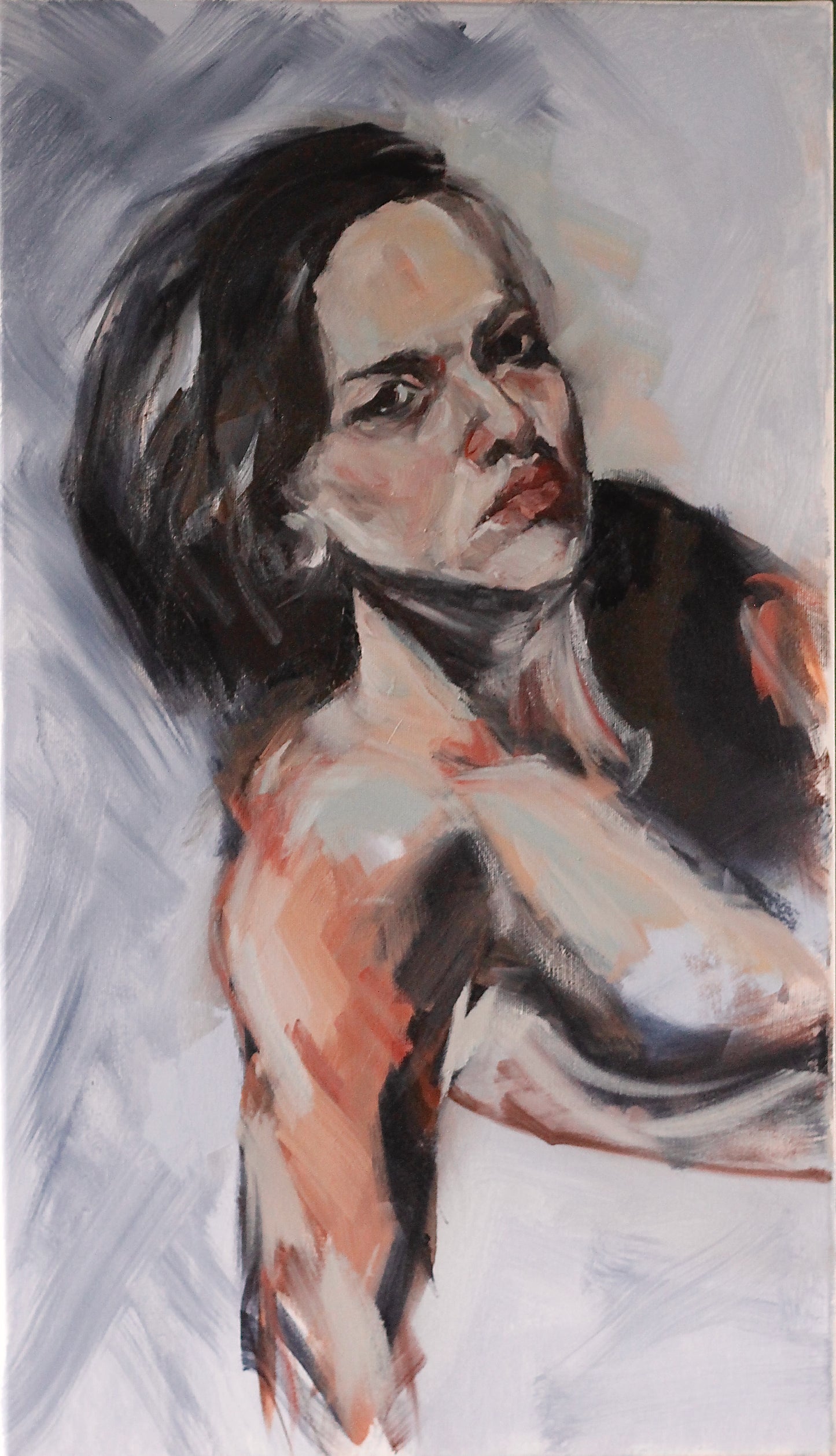 Painting of a woman with a neutral expression on a textured gray background