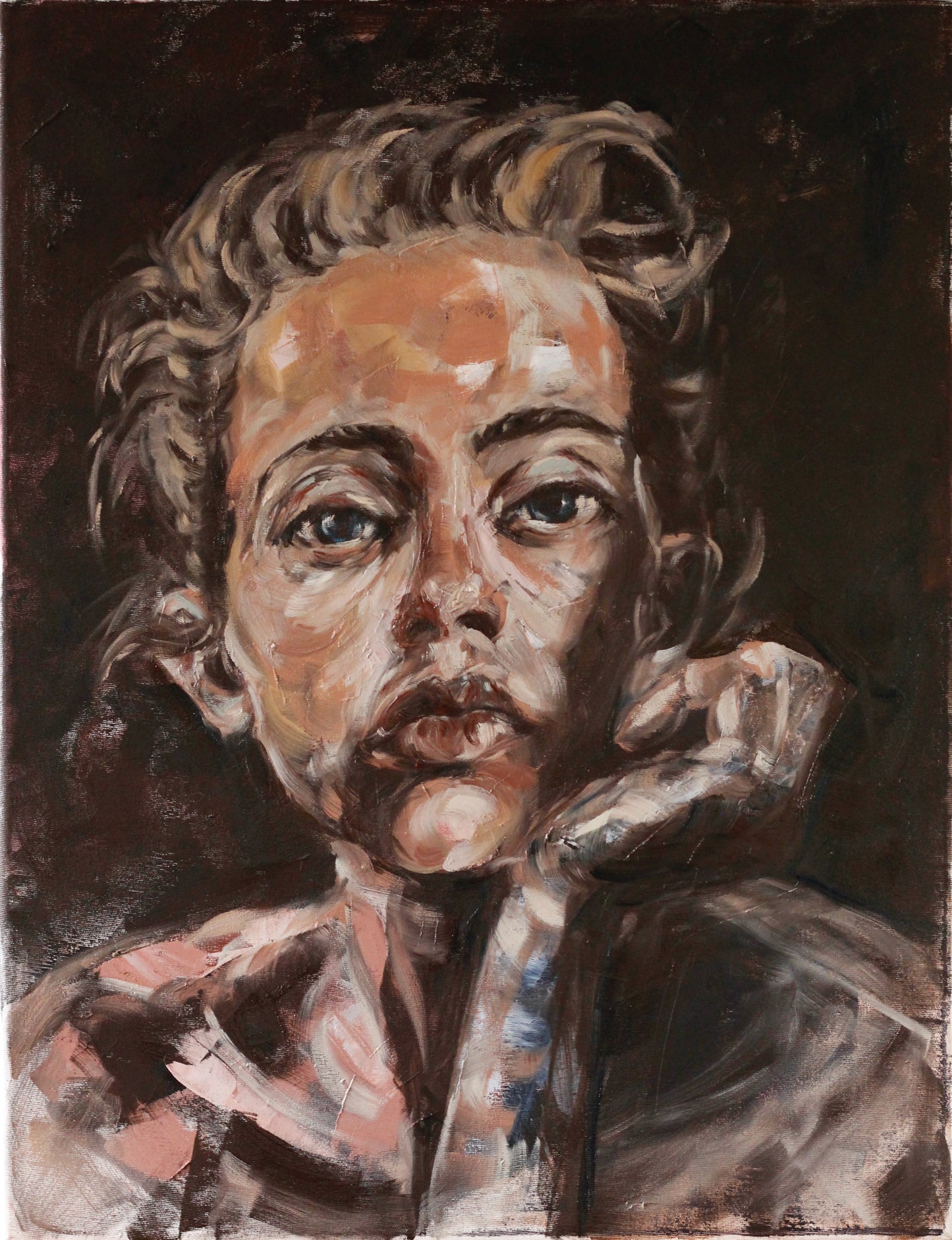 Figurative portrait of a woman, bold brushstrokes and earth colors. Painted by Blanka Adamus