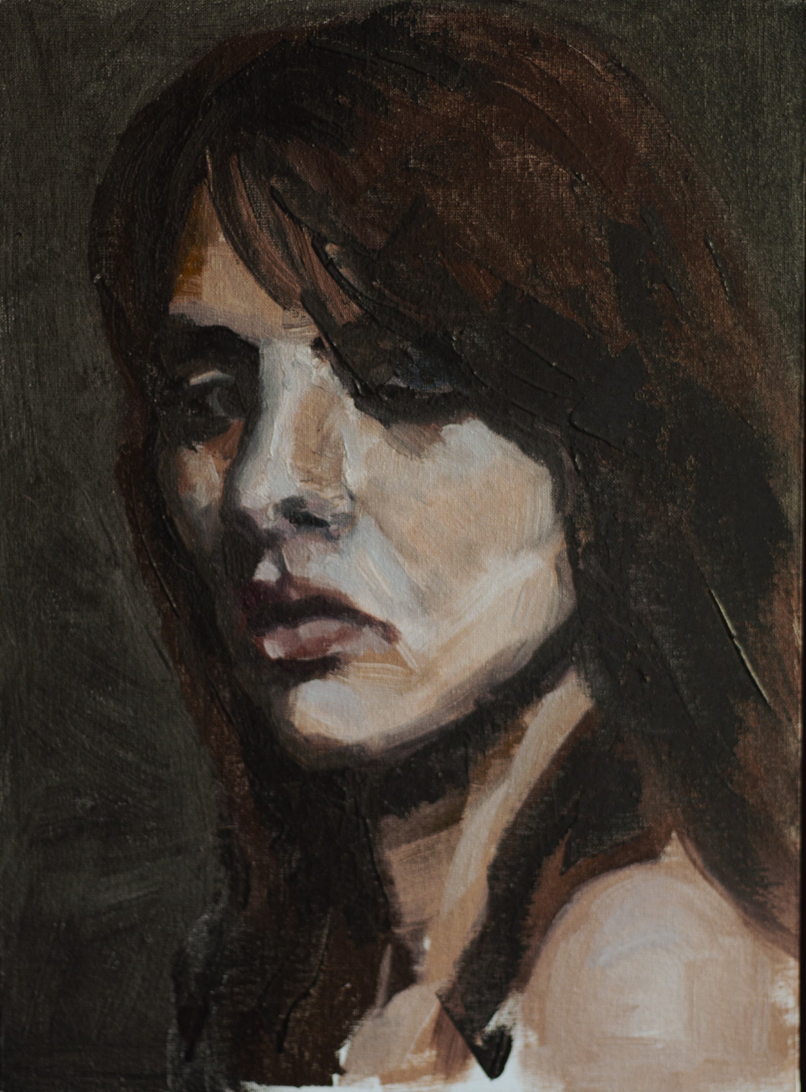 Oil painting, woman portrait half in the shadow. Dark colors and strong contrast. Painting by Blanka Adamus