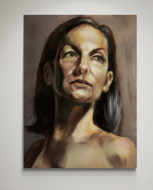 Oil painting depicting mature woman with black hair - painting by Blanka Adamus